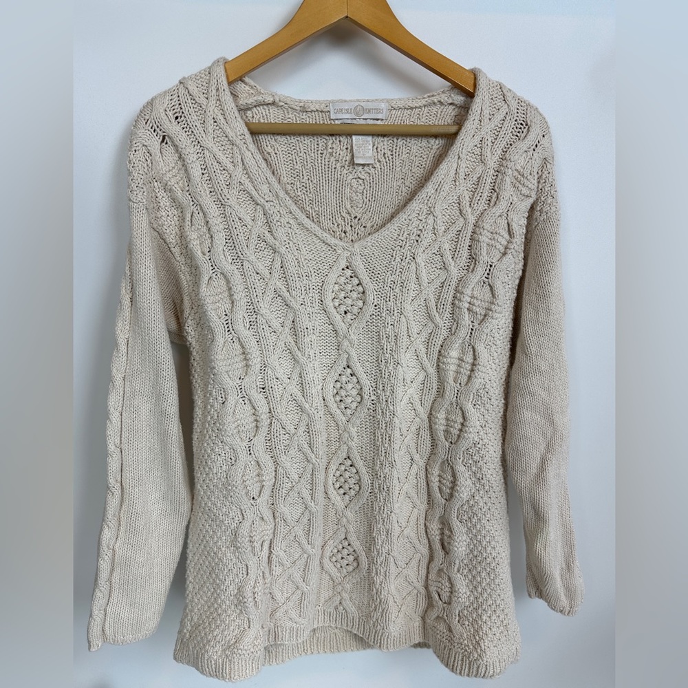 Vintage Cape Isle Knitters Handmade‎ Chunky Cable Knit Sweater Cream Ivory